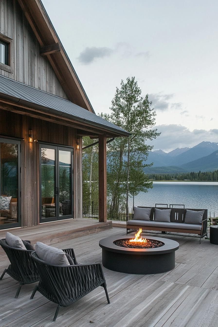 modern barn style lakeside house porch with firepit lounge stunning mountain lake views 3