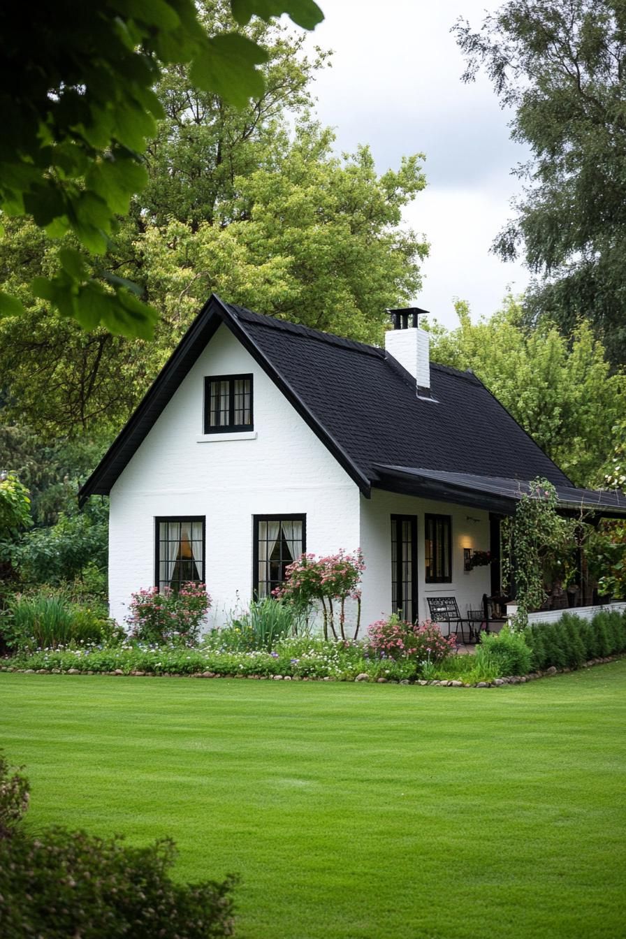 White Cottage Nestled in Lush Greenery