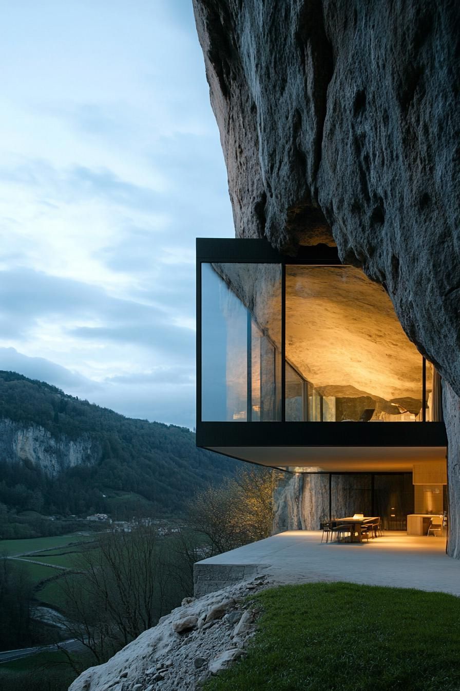 modern cave house inside a cliff glass facade overlooking stunning alpine landscape