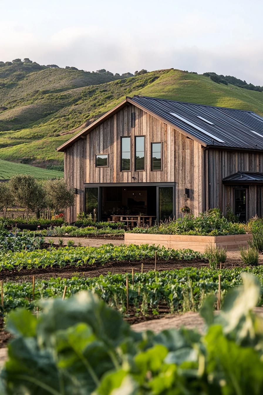 modern barn style house facade with reclaimed wood accents on a farm with veggie gardens green hills in the background 2