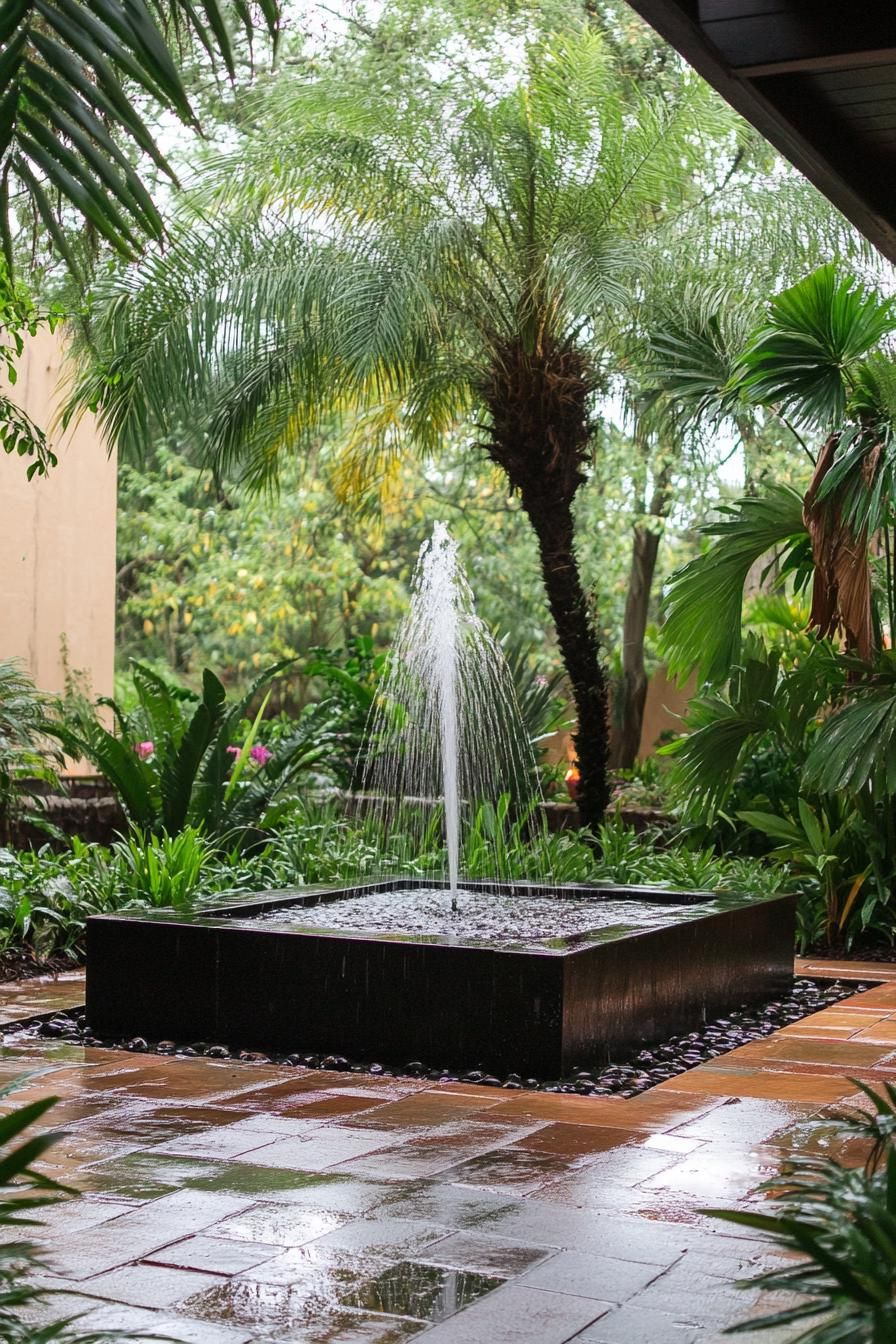 modern courtyard lush garden with statement fountain