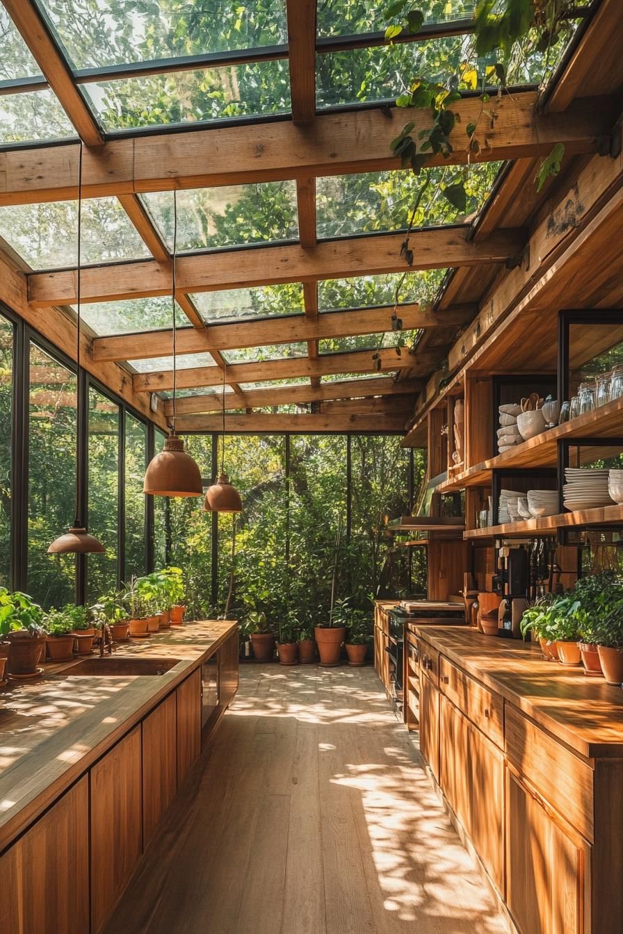 Interior of a kitchen with a glass ceiling and large glass windows. Wooden beams frame the ceiling complemented by hanging lights with warm toned
