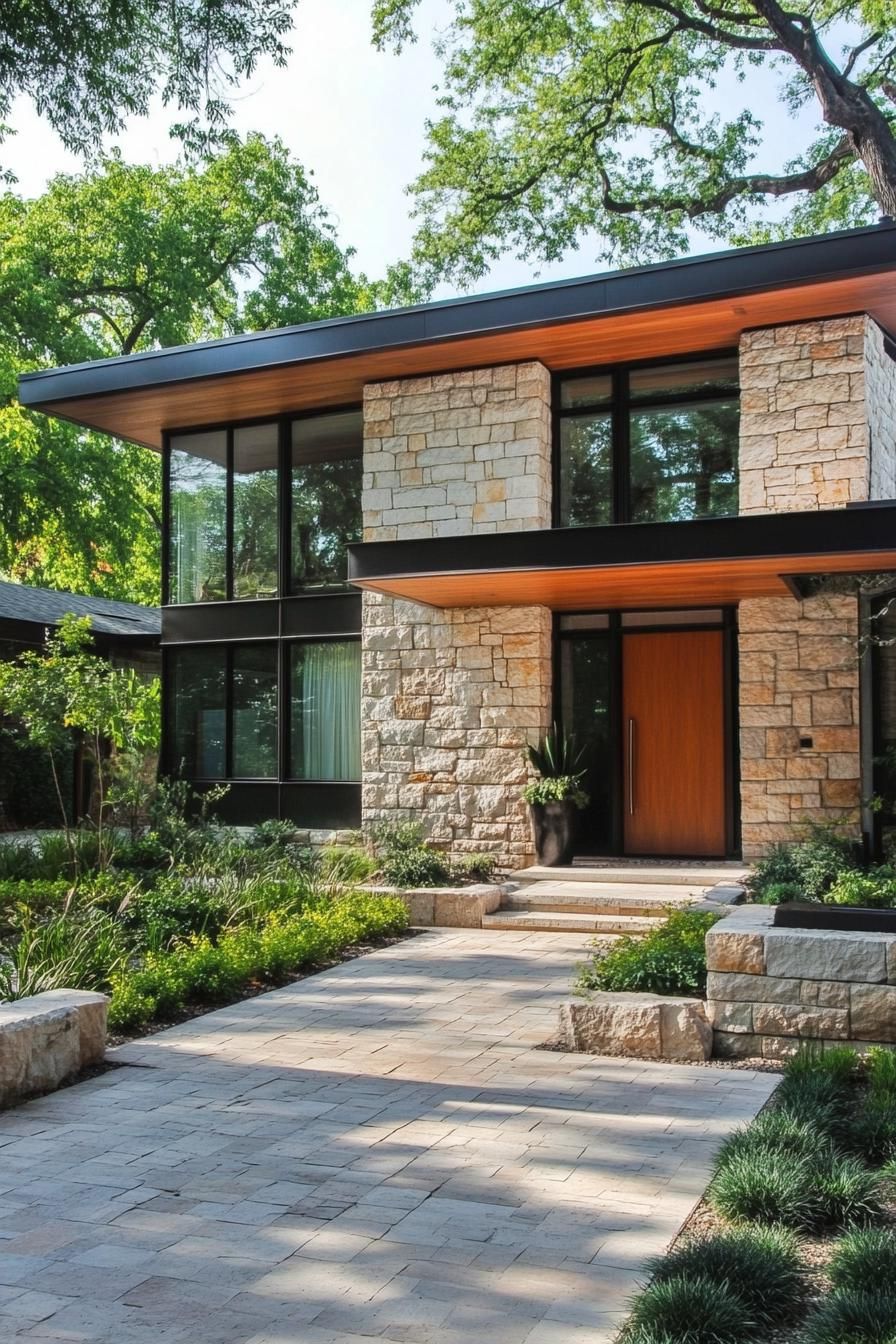 retro style modern house facade stone clad cottage style