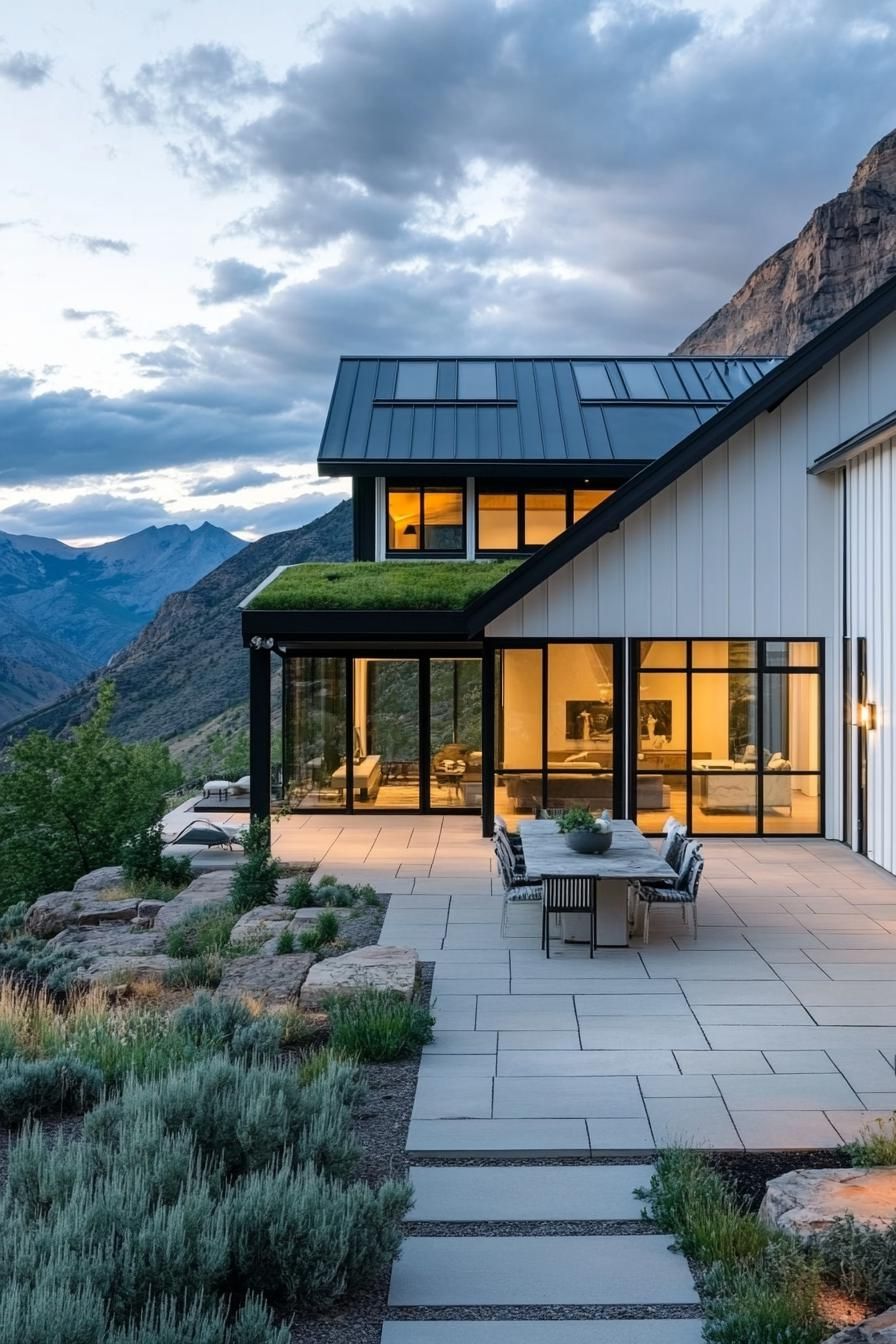 modern mountain house with white corrugated metal cladding green living roof large stone paved patio stunning American mountains in the background 3