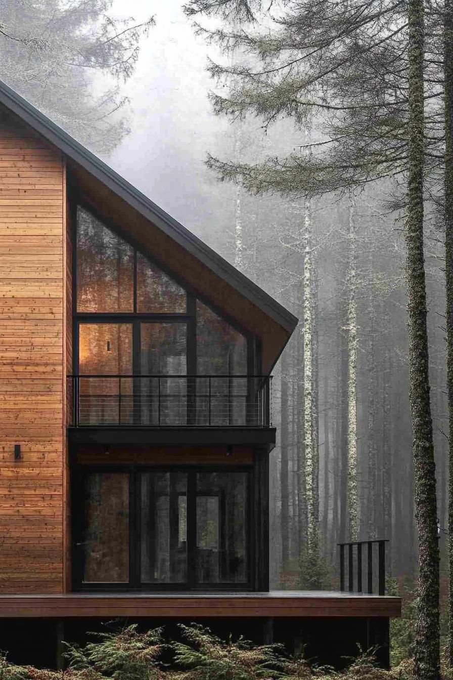 modern rustic wood house facade in aluminum framing Scandinavian misty forest