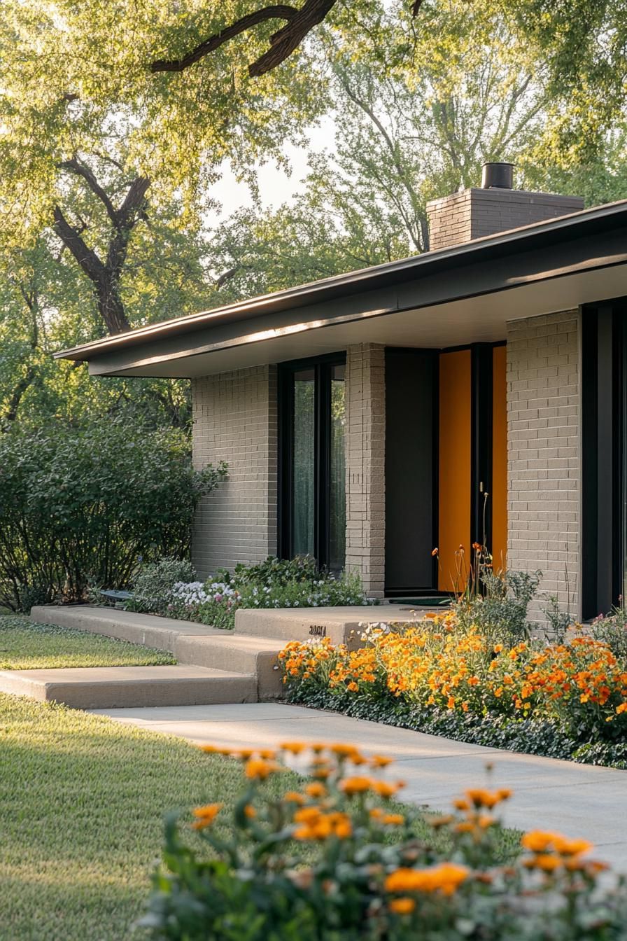 mid century modern 1950s style house facade with minimalist front porch landscape with flowers