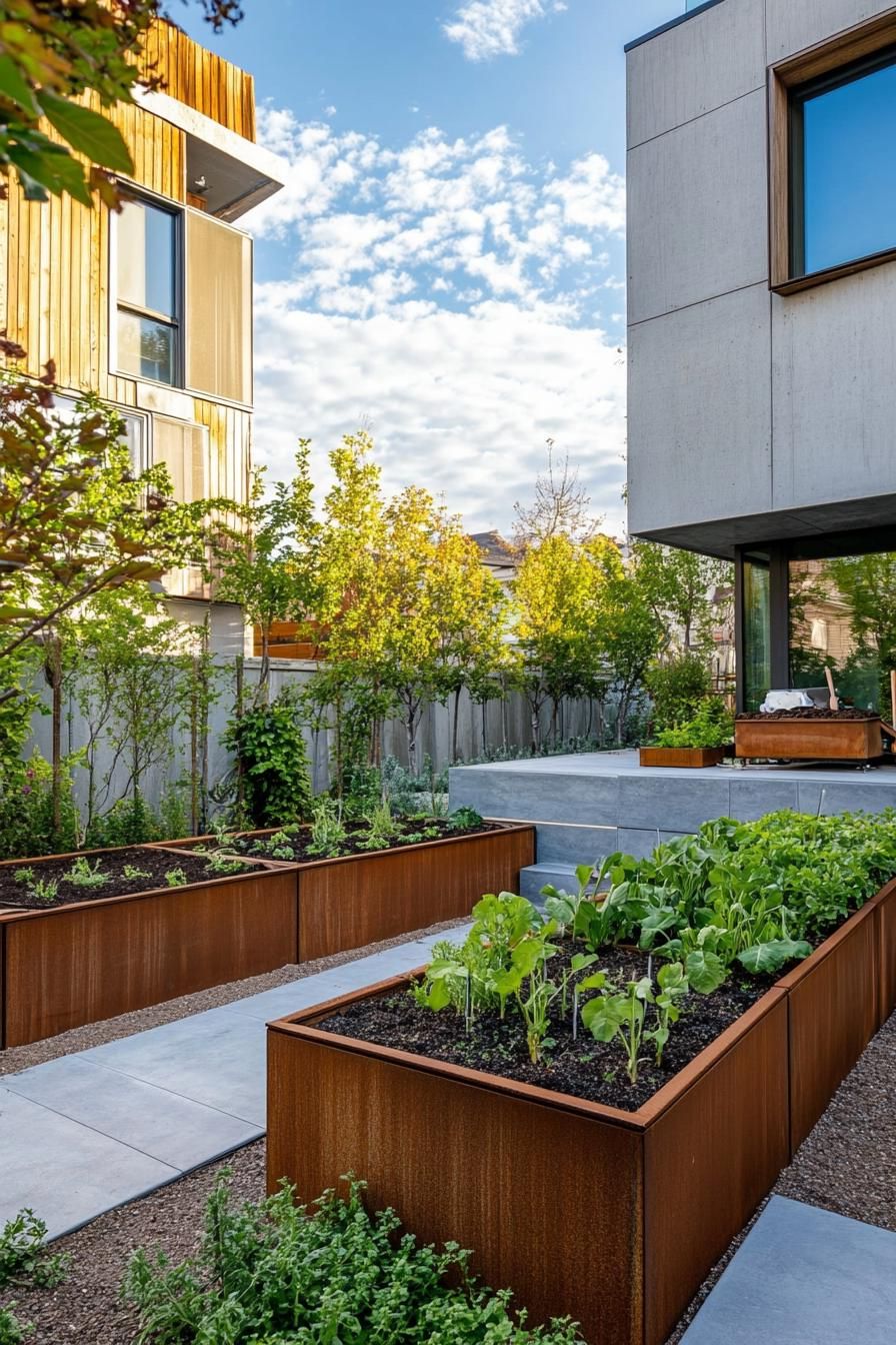 modern townhouse backyard with edible garden beds 2