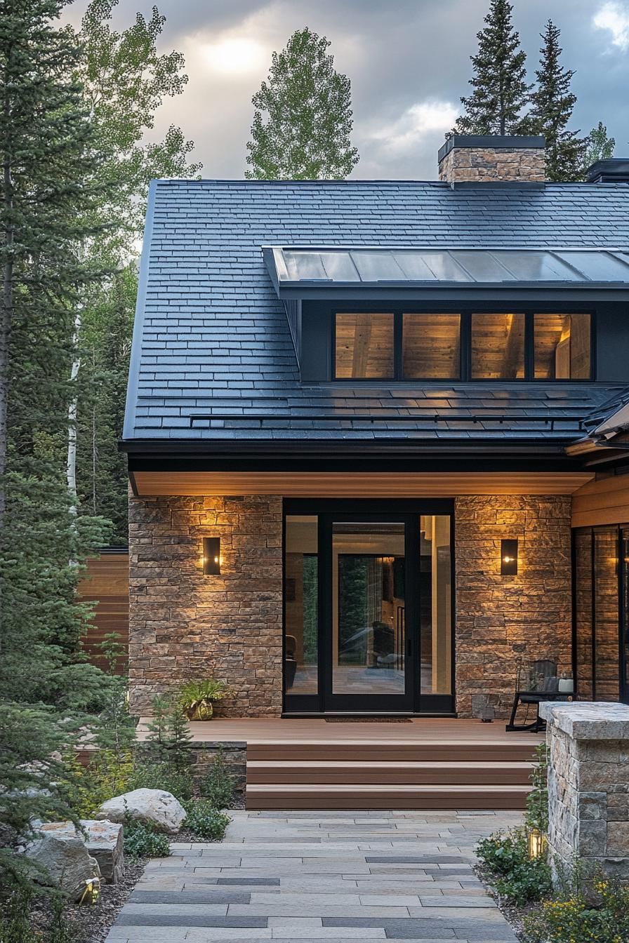 small modern mountain house facade with varying shade brick wood and black steel accents slate tile roof with a brick chminey raised stone deck in mountain forest clearing 3