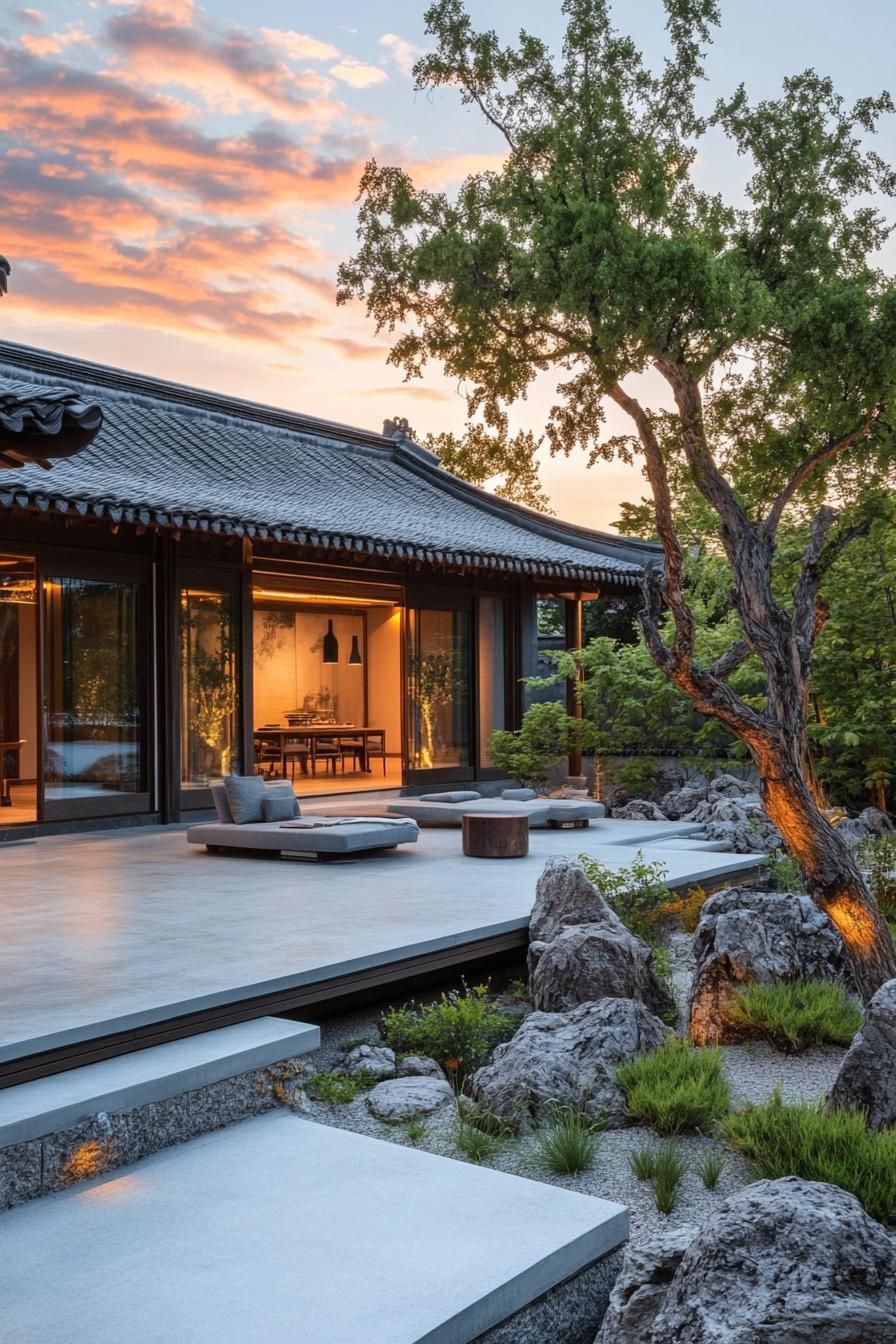 chinese inner courtyard with concrete deck and path rocks and native plants tree in the corner the house has chinese curved slope with barrel grey 3