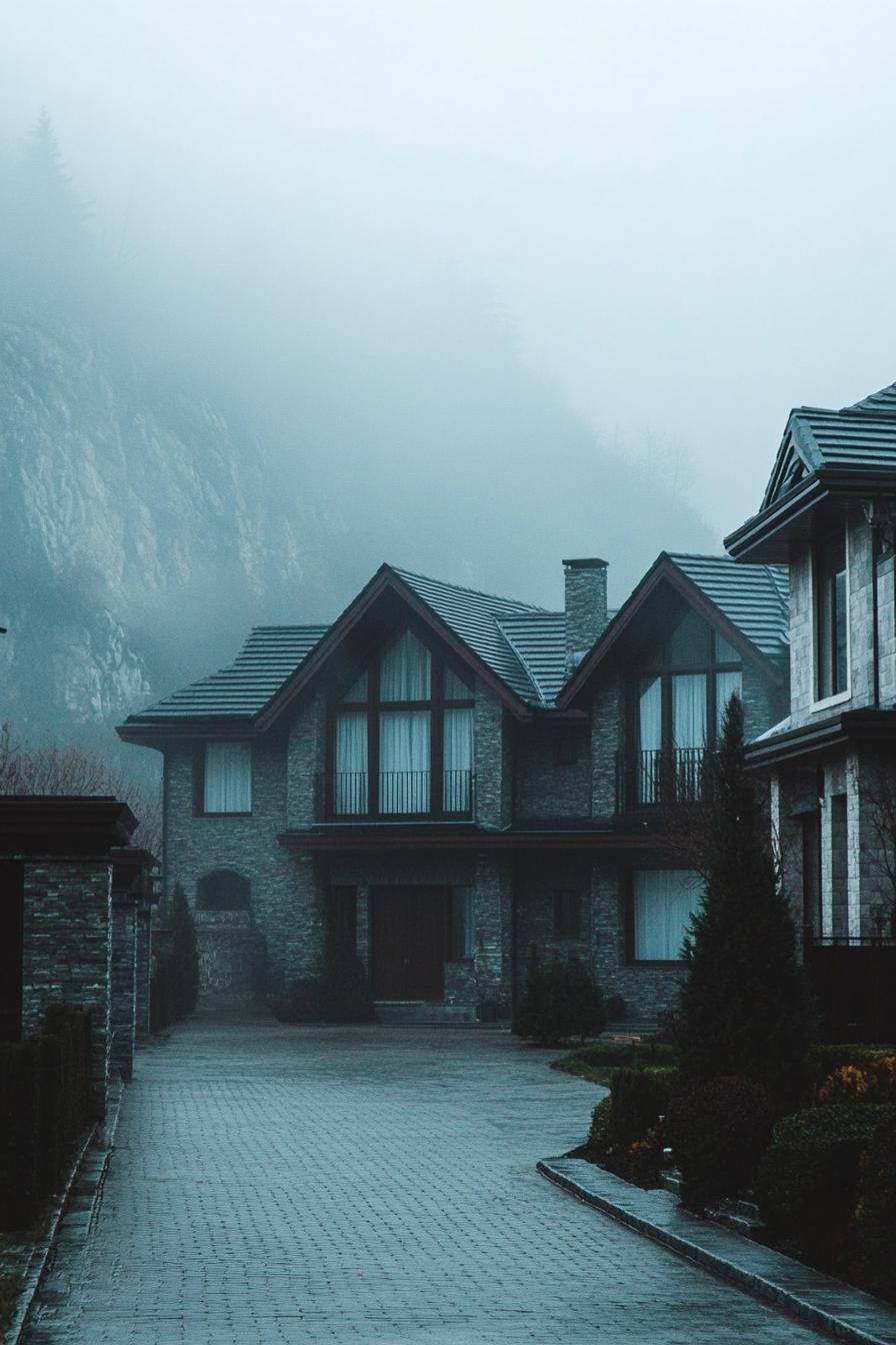 modern dark gothic style house with imposing foggy mountain in the background 3