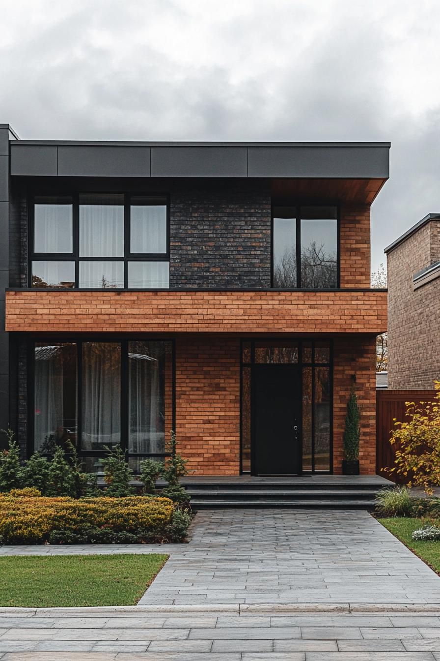 80s house modern facade makover with textured brick walls suburbs cloudy weather