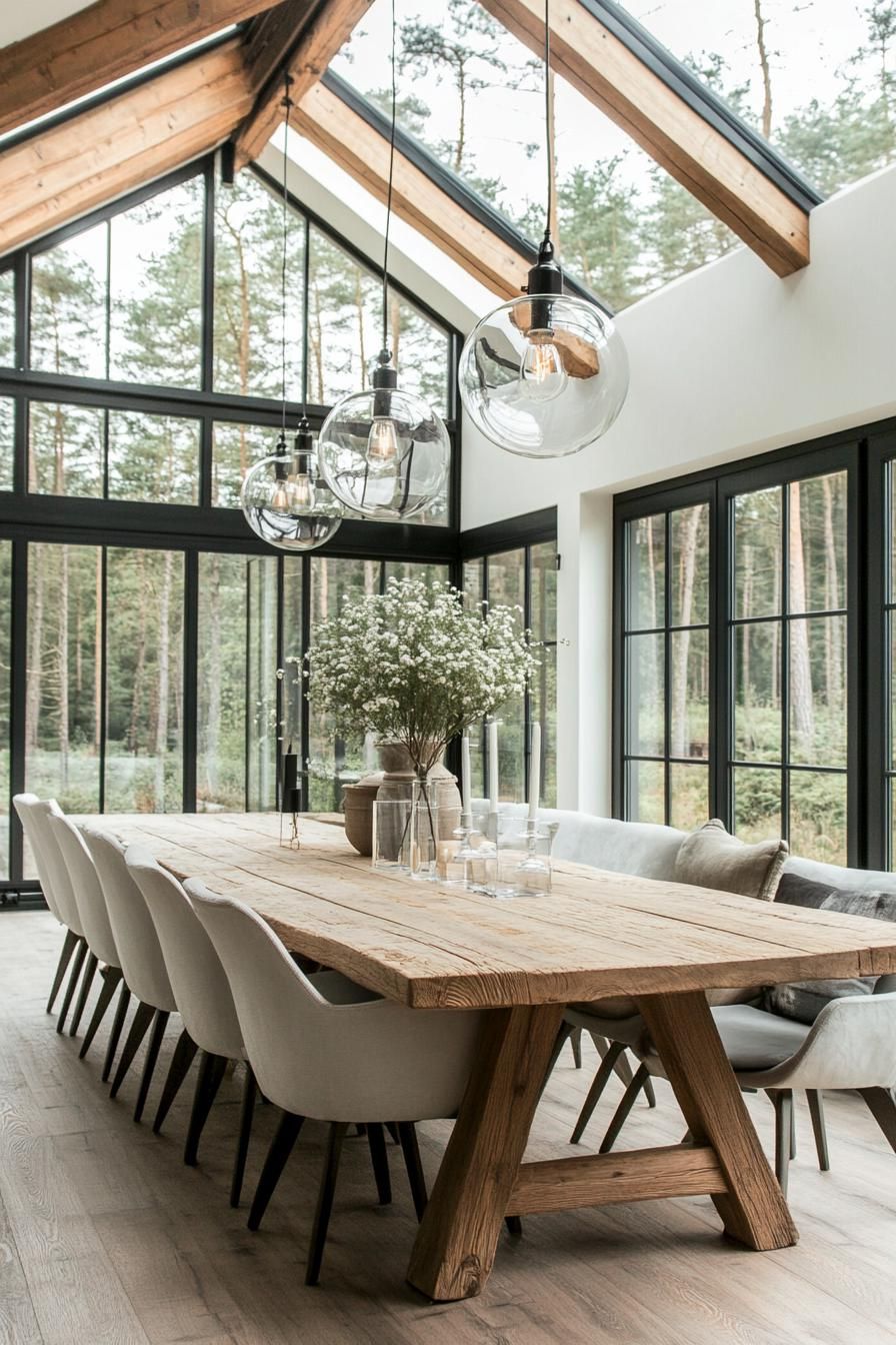 A spacious dining area featuring a long rustic wooden table surrounded by modern cushioned chairs in a neutral white tone. Overhead three