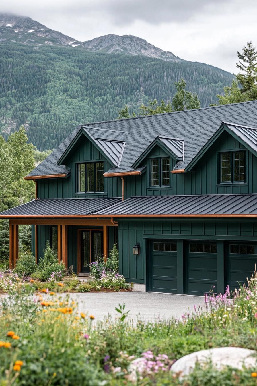 modern ranch style mountain house facade in emerald green siding dark grey roof with multiple gambrels copper gutters attahed garage with concrete 3