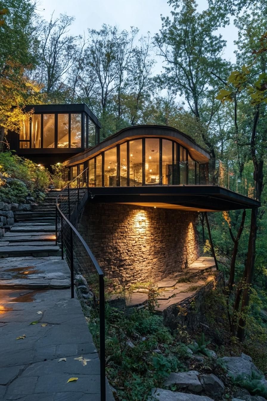 modern earth sheltered house built into hillside with cantilevered deck on the side 3