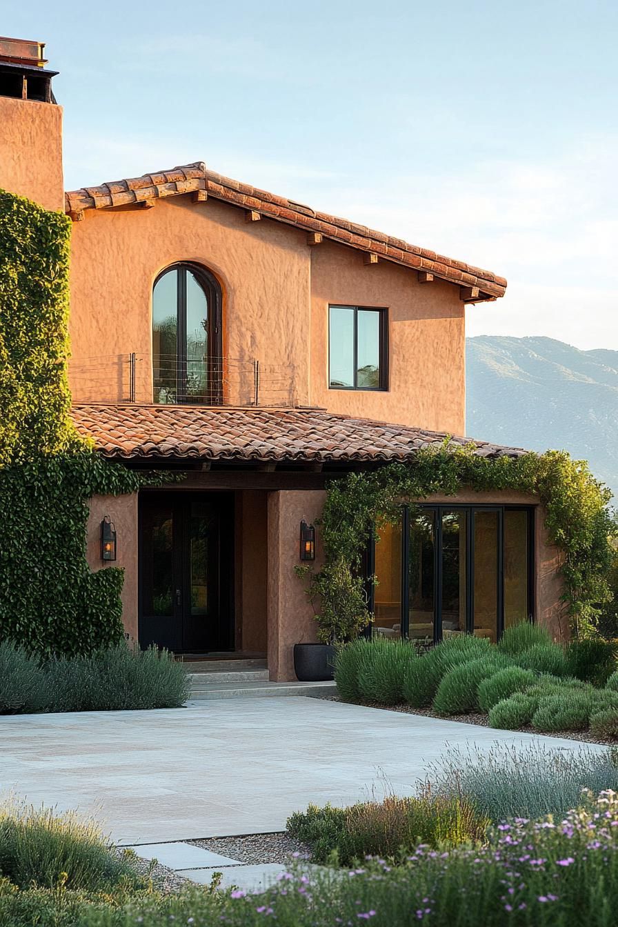 modern Tuscan house with earth toned exterior and climbing vines