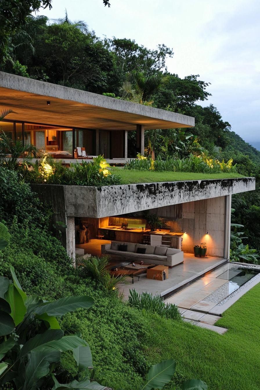 earth sheltered modern house built into hillside overlooking a tropical mountains 2