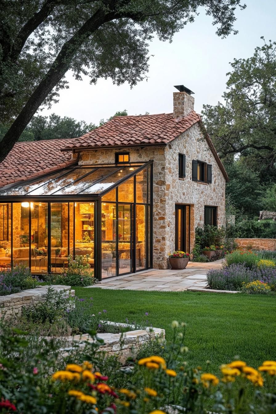 A contemporary stone house featuring an angled glass facade dominates the foreground. The glass sections reveal an inviting interior glowing with 2