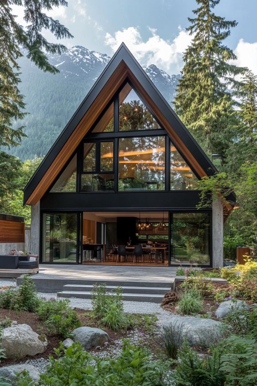 modern A frame house features a slanted roof with a central peak crafted from wood and metal. Large floor to ceiling glass windows dominate the 3