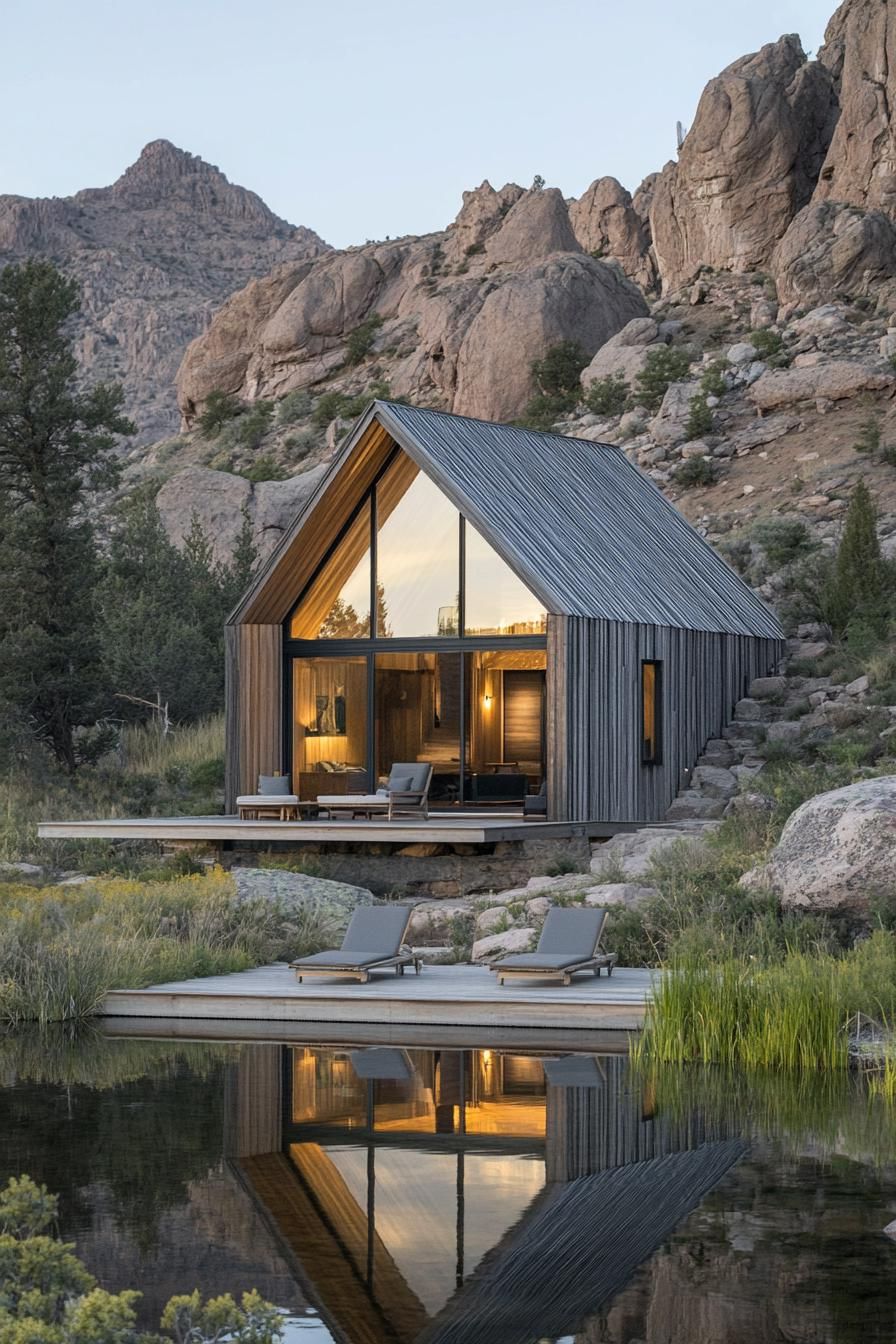 A modern cabin nestled in a rocky mountain landscape. The house features a steep gable roof and is constructed from vertically oriented grey wooden