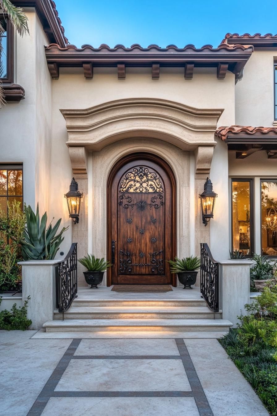 Carved Wooden Front Door With Iron Accents