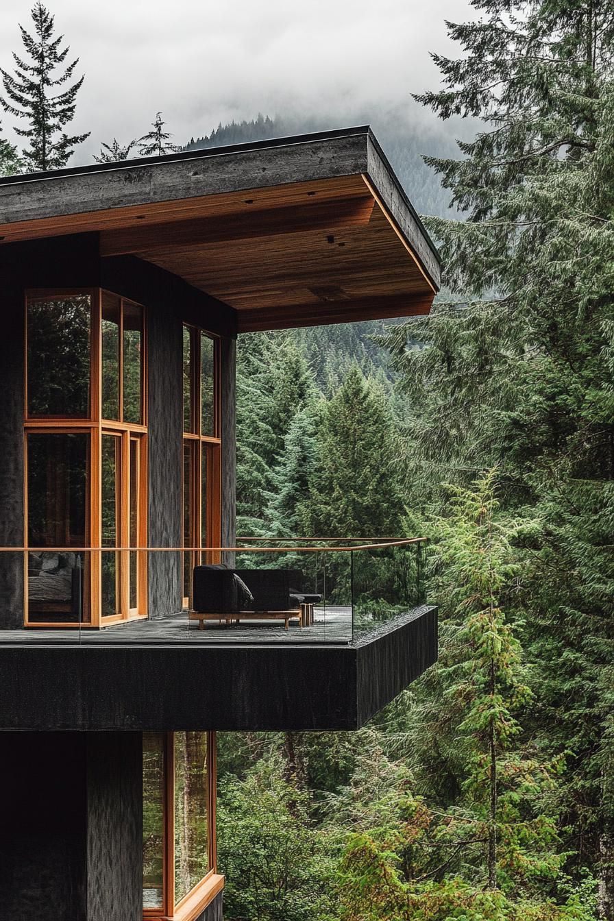 modern mountain house with black concrete facade and wooden frame stunning lush mountain forest views