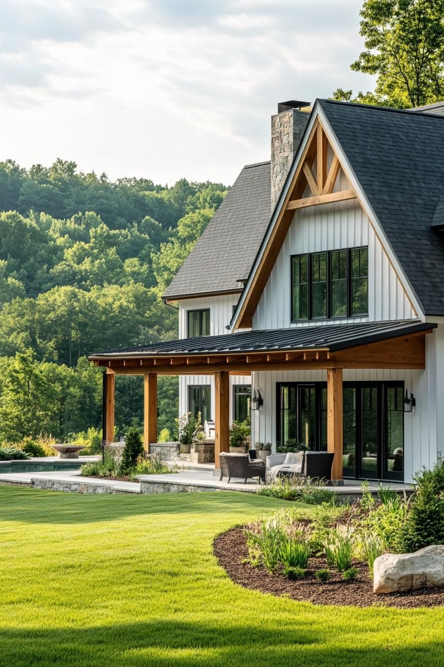 modern farmhouse L shaped house facade with wraparaound porch with wooden beams beautiful green hill scenery 3