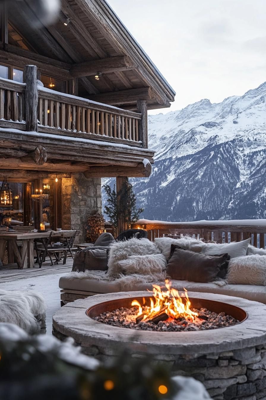 luxury alpine chalet villa with firepit lounge area outdoors stunning snowy mountain view 3
