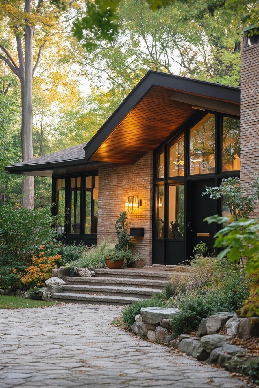 70s midcentury house facade with exposed brick French country landscape 2