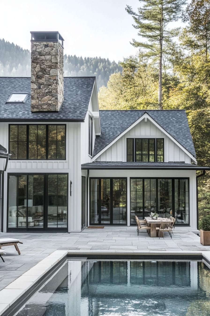 White Board and Batten Siding With Steel-framed Windows