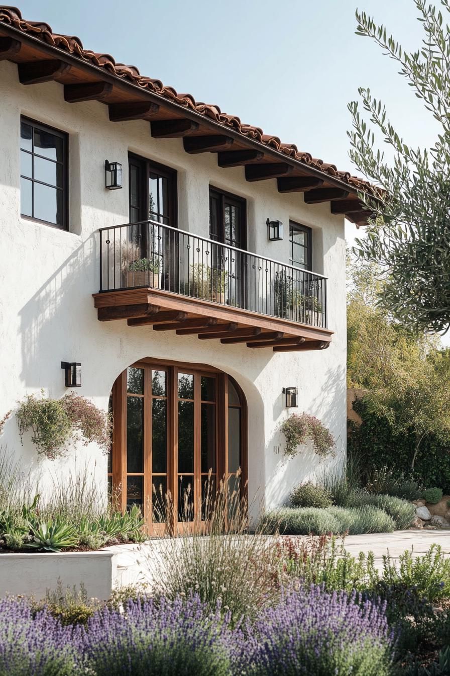mid century modern and antique style house facade with stucco siding and wooden balconies mediterranean garden