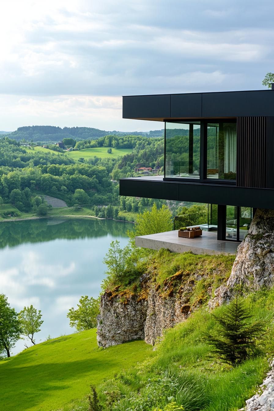cantilevered steep hill house modern facade overlooking a lake in a green valley 2