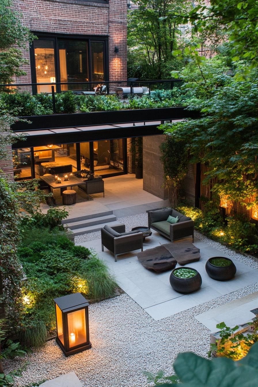 modern house with lush roof garden and Japanese lanterns and seating 2