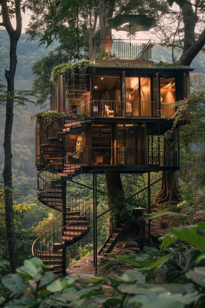 Multi-level Cabin With Spiral Staircase