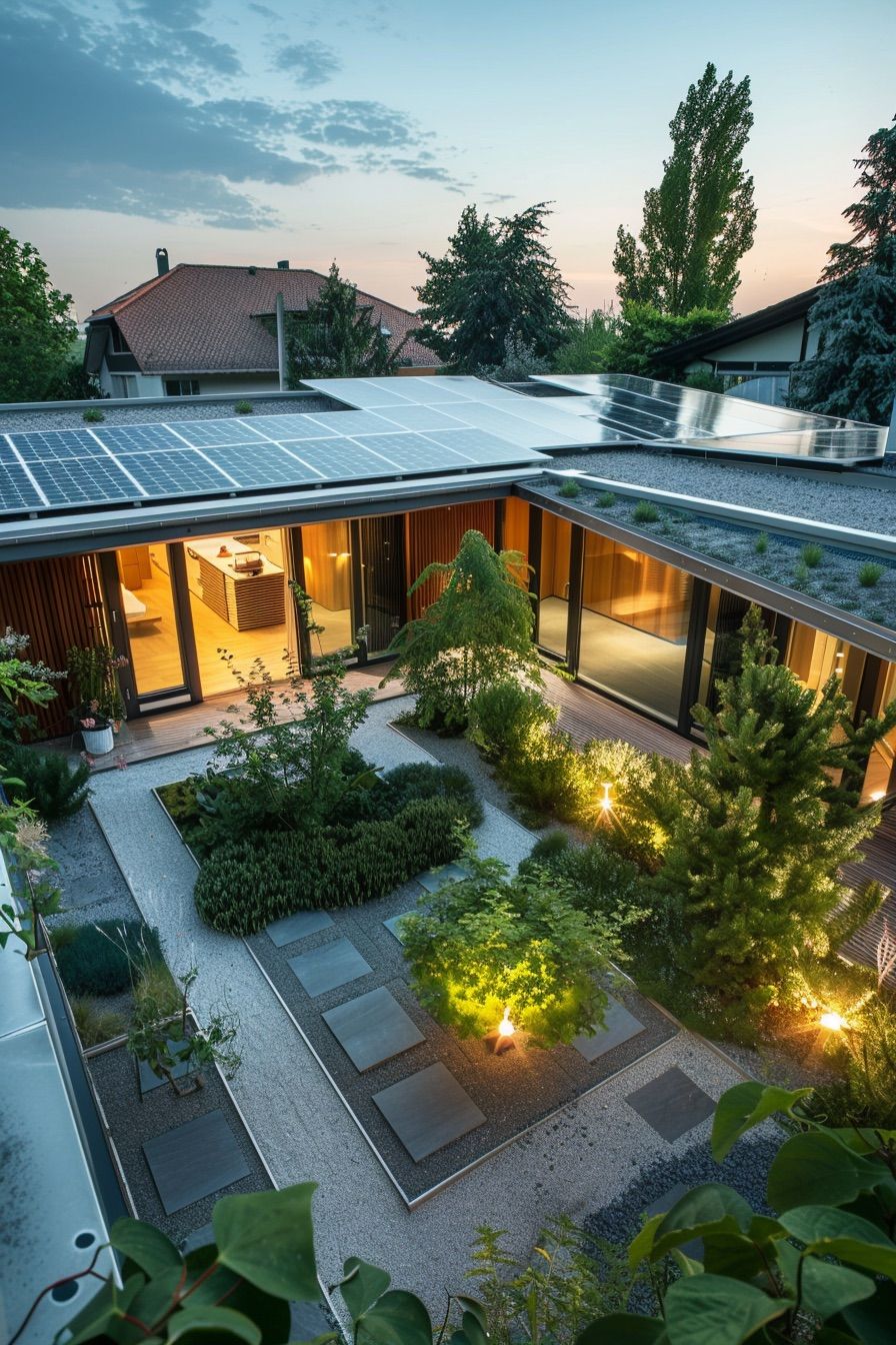 courtyard house with green roof solar panels