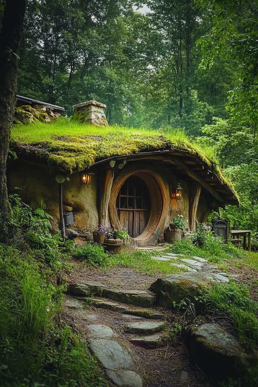 hobbit style earthen house in the mountain forest clearing 3