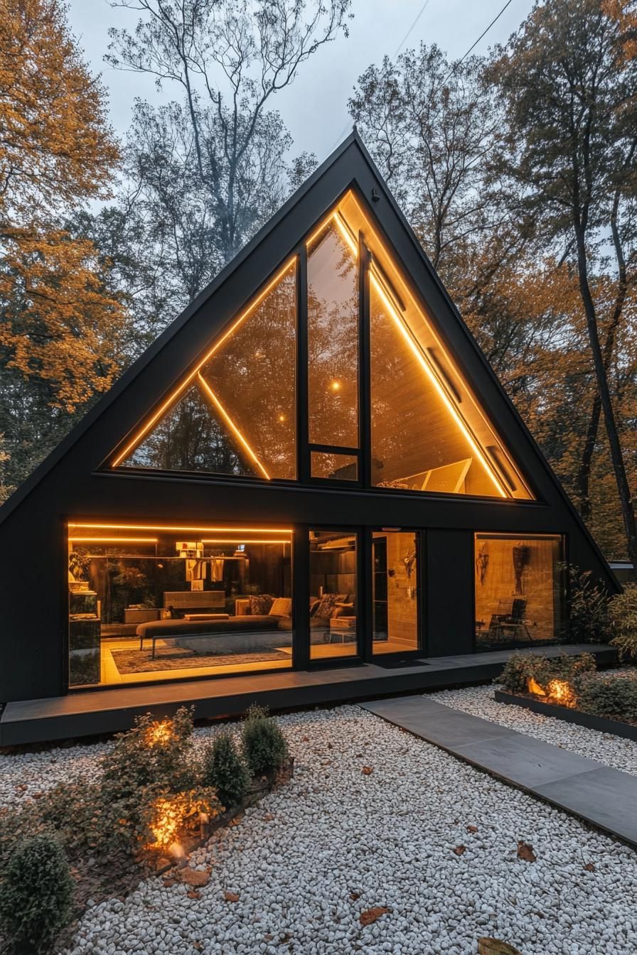 modern black a frame cabin with full glass walls skylights large eaves with LED lighting gravel yard with shrubs and concrete path 2