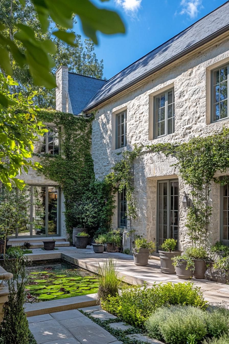 modern French country house natural stone facade with stucco yard with French gardens 3
