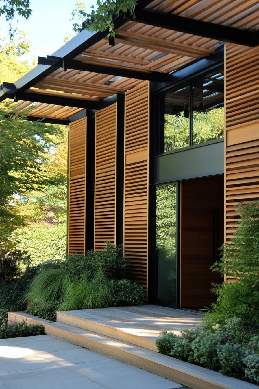 modern timber frame house facade with vertical and horizontal timber 3
