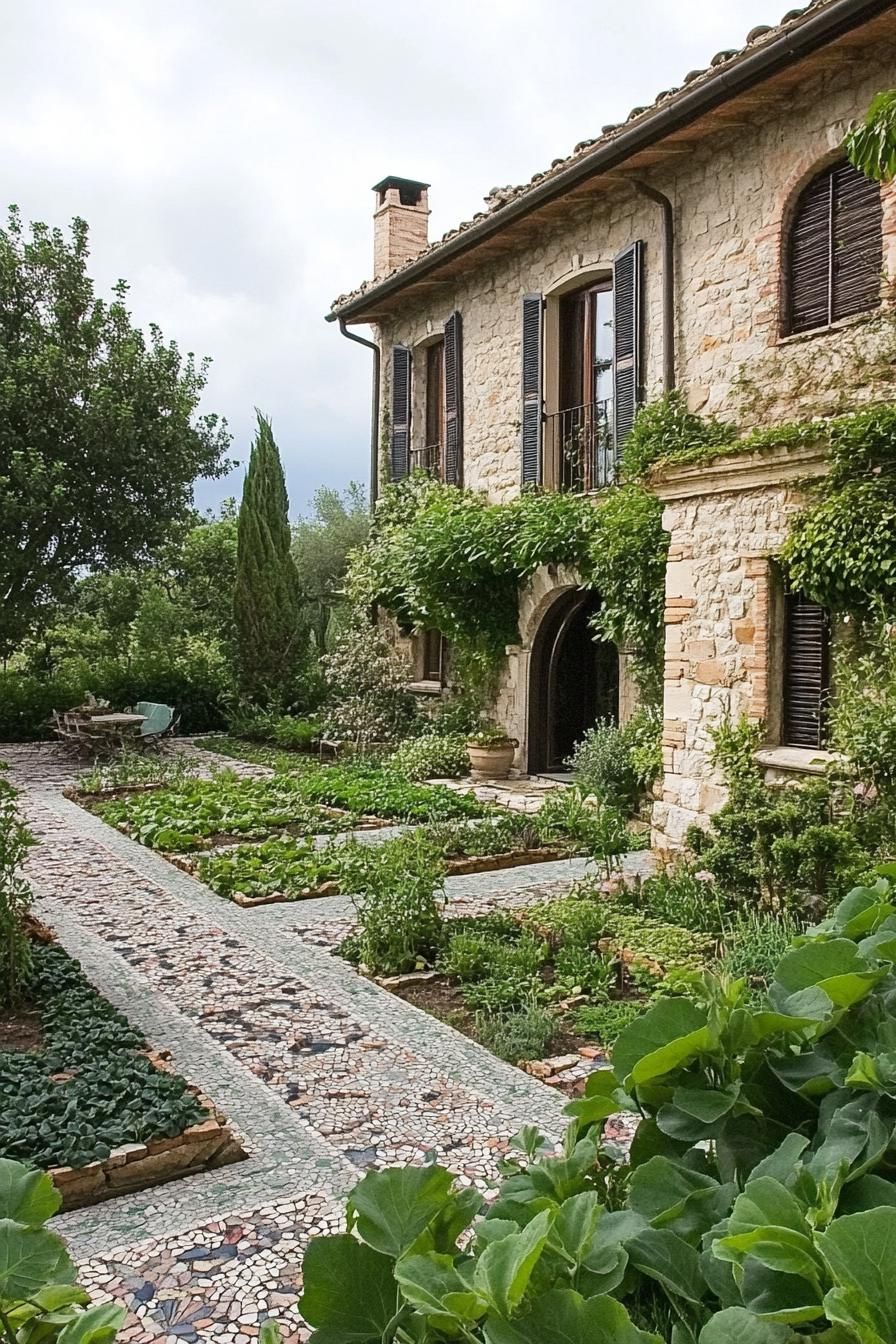 modern Tuscan house patio herb garden with mosaic floor 3