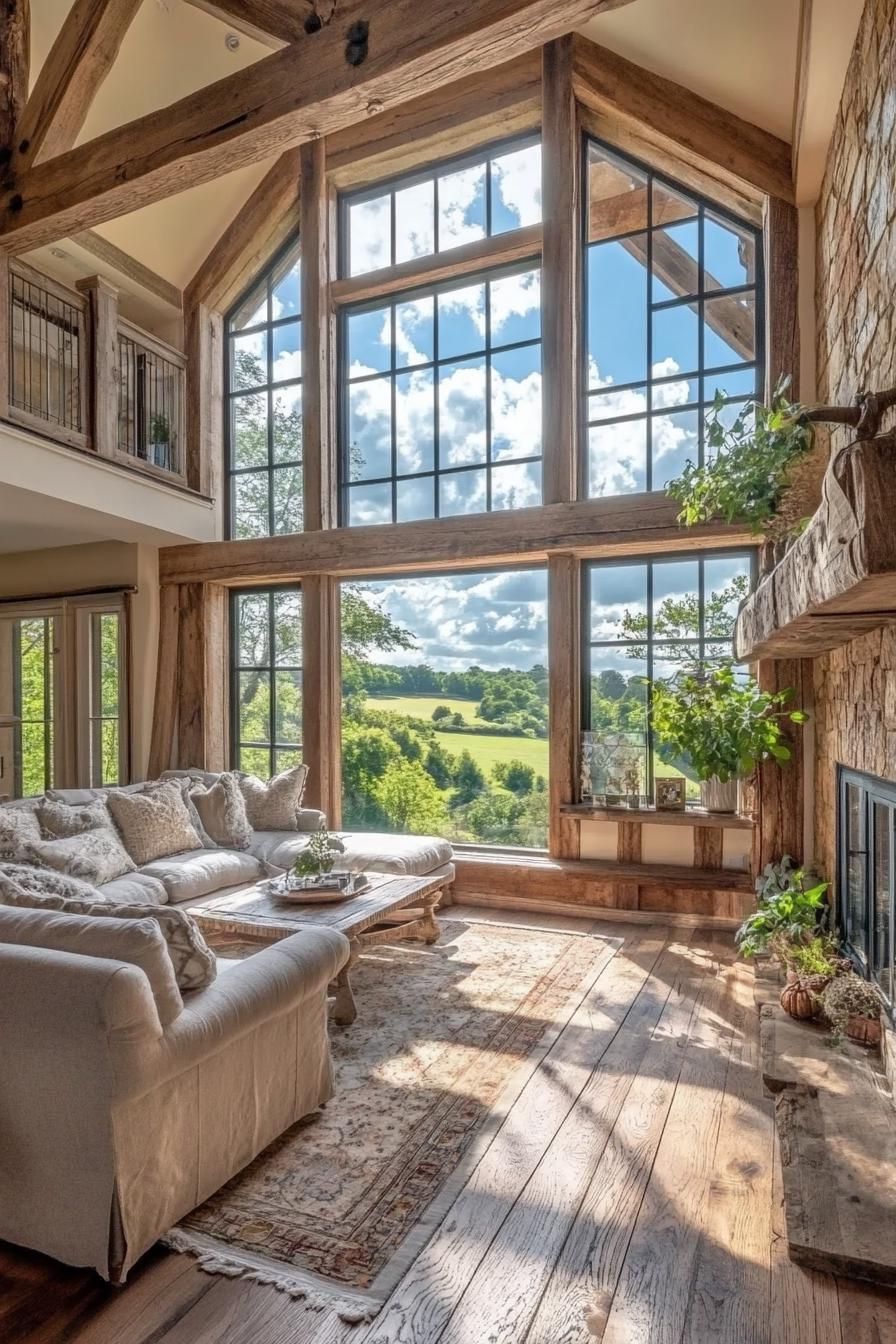 modern English cottage interior with reclaimed wood accents large windows overlooking picturesque countryside 3