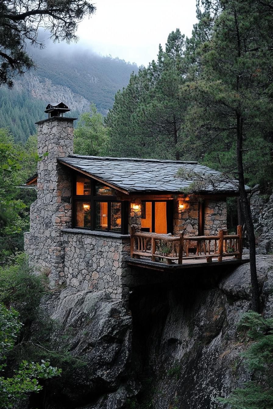 modern rustic stone and wood cottage house in deep mountain forest