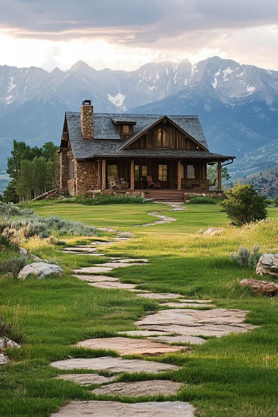 rustic two story ranch with porch stone paths grass rocky mountains in the background