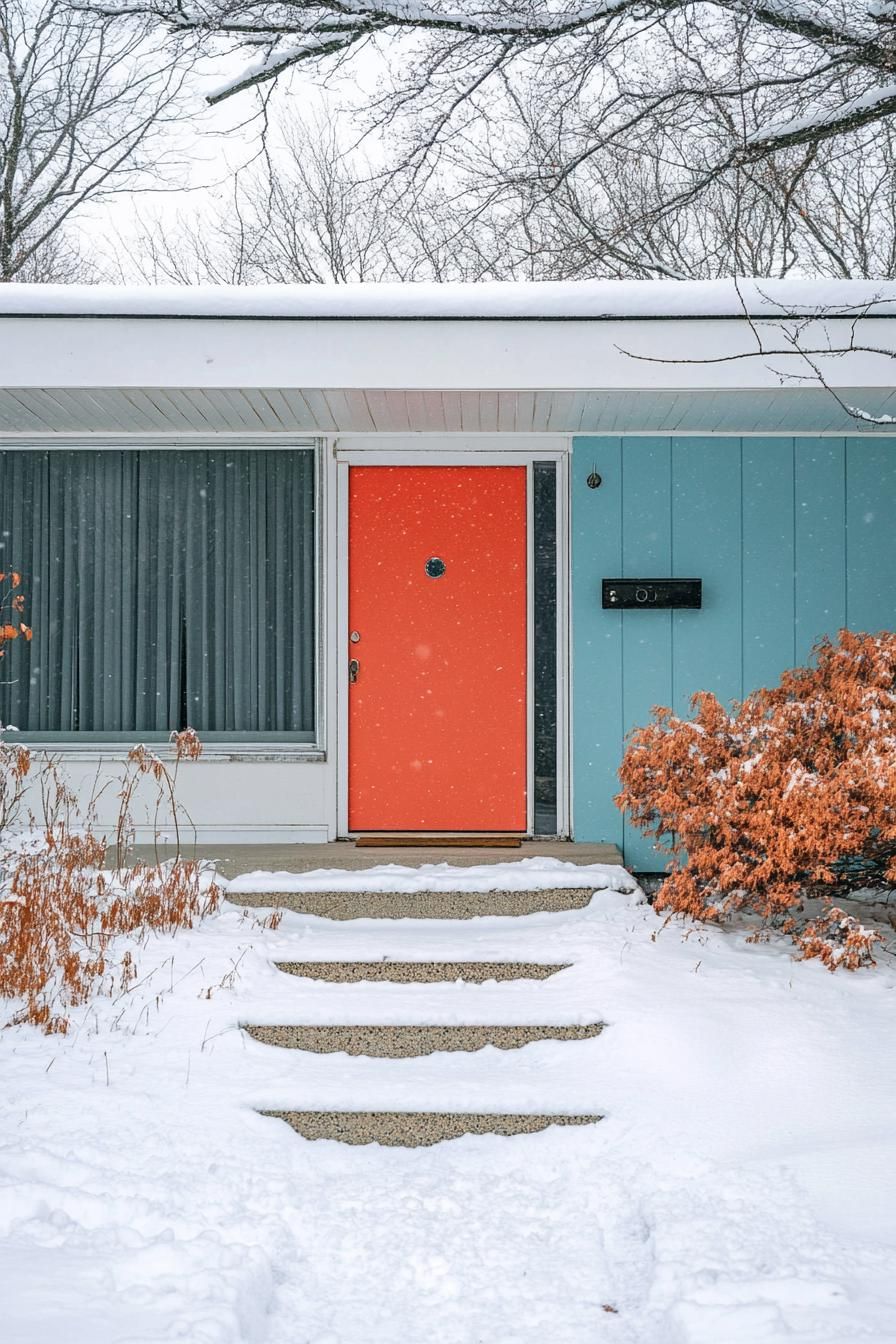 mid century modern 1950s style house entryway facade in popping accent color in winter
