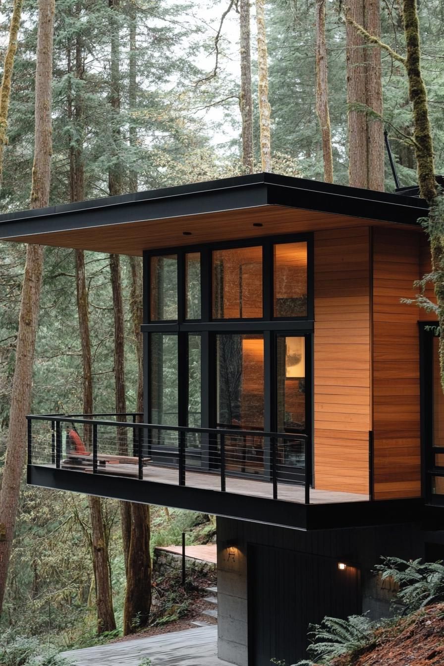 modern wood house with horizontal paneling and black steel trim hillside foundation 3