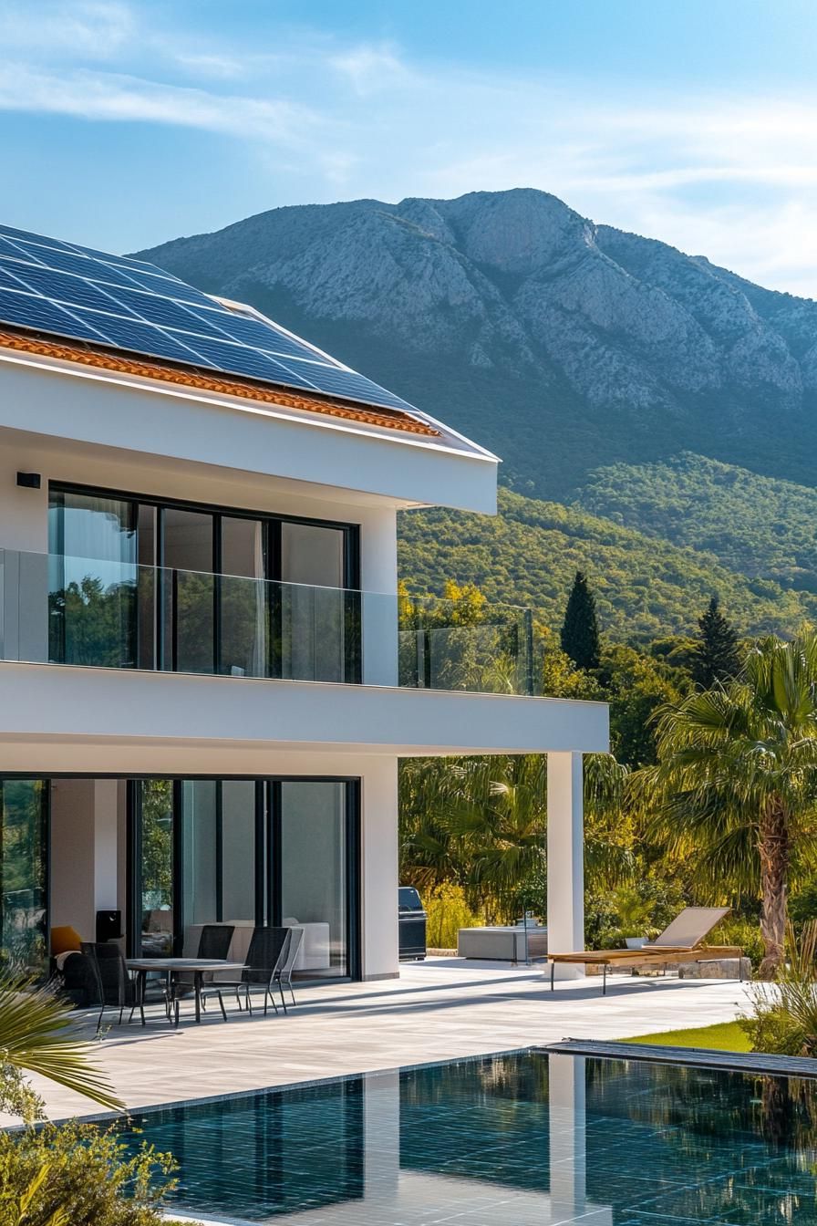 modern villa with integrated solar panel roof sunny tropical mountains
