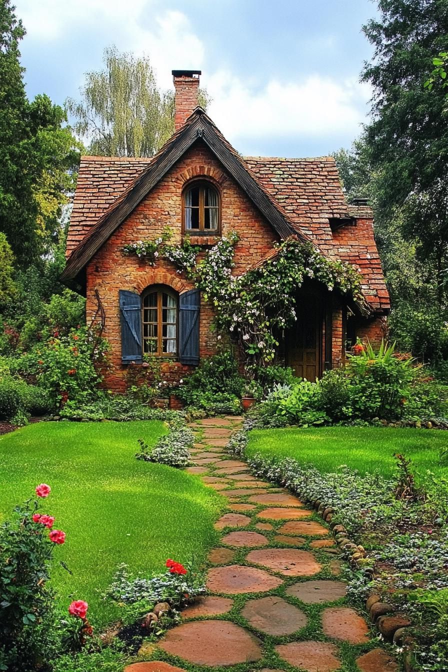 brick cottage with multi pitched roof green lawn landscape