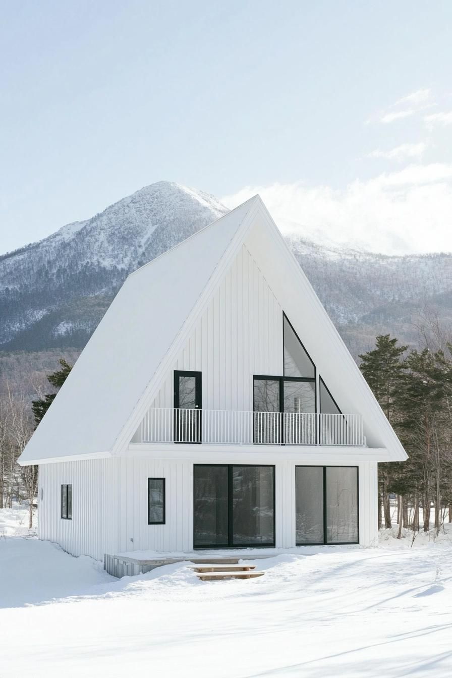 all white a frame mountain house with white siding and white roof Scandinavian mountains in the background 3