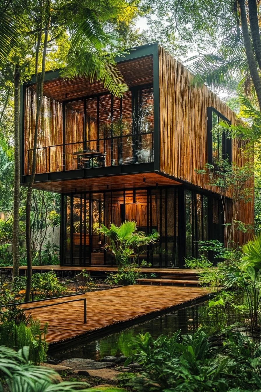 modern forest house bamboo facade in tropical forest
