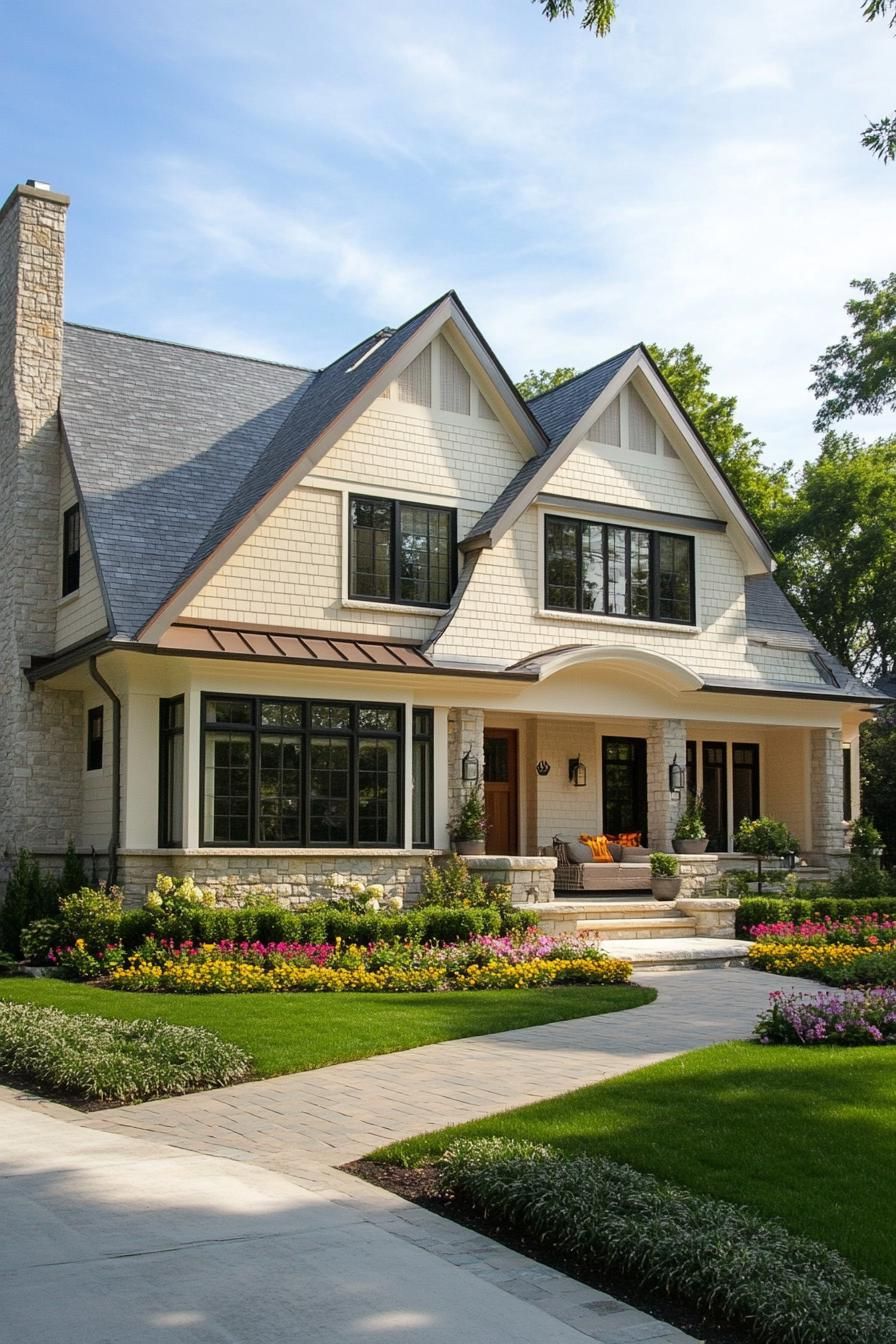 large modern craftsman house with pale creamy siding light grey roof arched front window bay windows paved front yard house foundation lined with 1