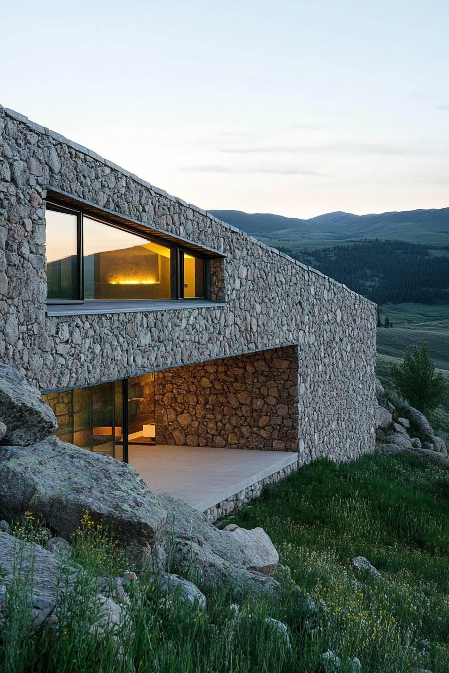 earth sheltered modern house stone facade built into hillside with overlooking stunning rocky mountains